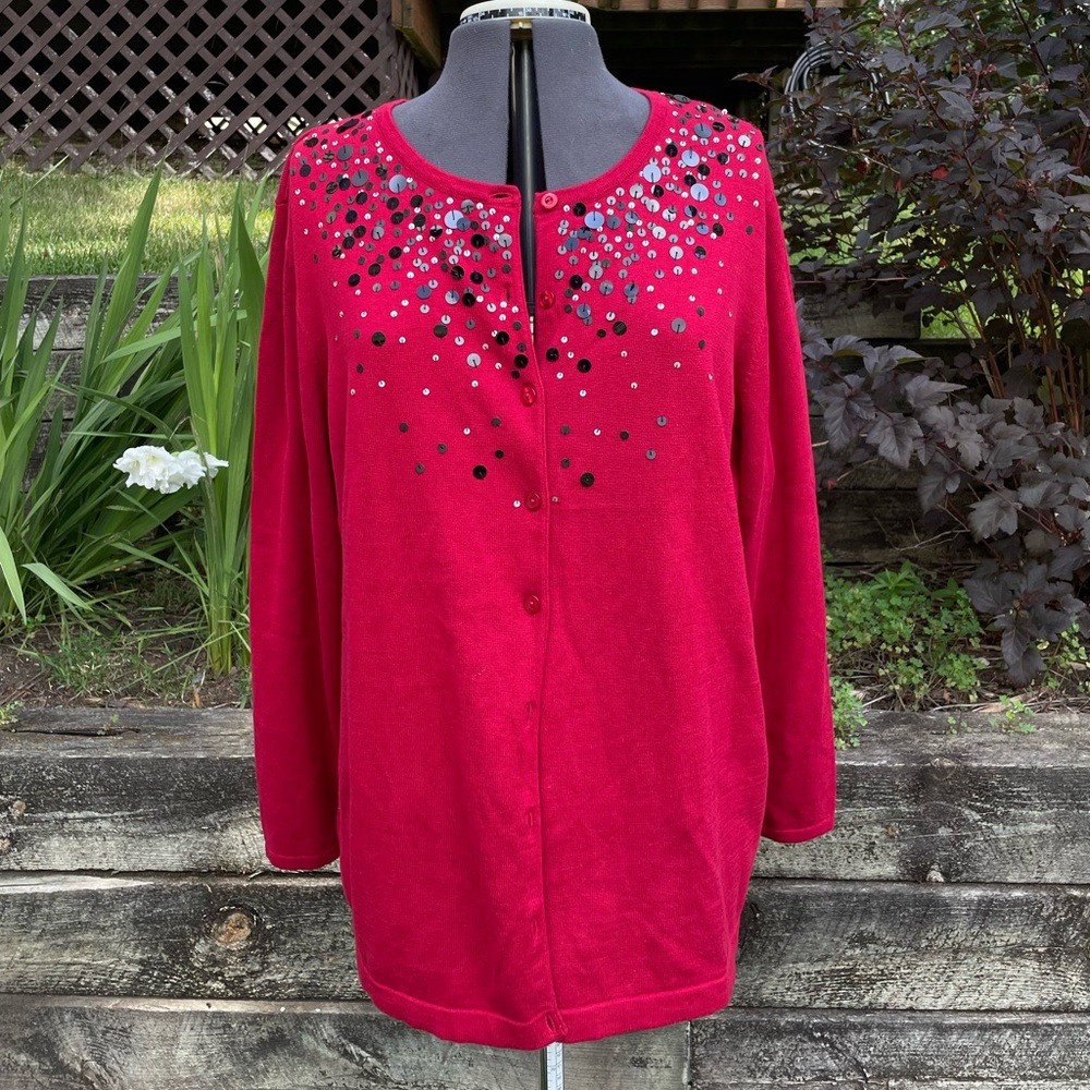 CJ Banks 2X Dressy Red Longsleeve w/ Black Sewn In Sequins